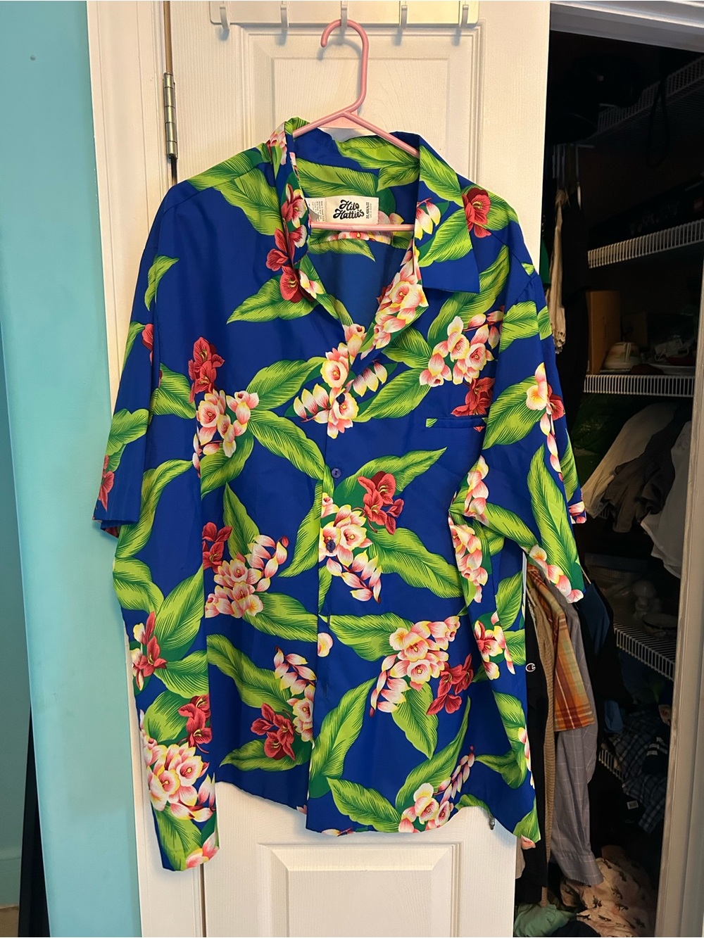 Hilo Hattie Royal Blue Hawaiian Shirt with Green Leaves and Pink Flowers